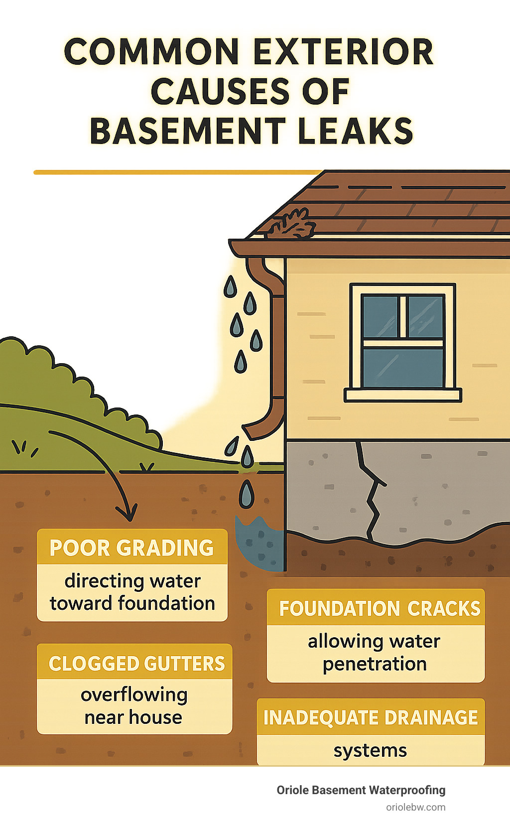 Infographic showing common exterior causes of basement leaks including poor grading directing water toward foundation, clogged gutters overflowing near house, foundation cracks allowing water penetration, and inadequate drainage systems - fix basement leak from outside infographic Infographic showing common exterior causes of basement leaks including poor grading directing water toward foundation, clogged gutters overflowing near house, foundation cracks allowing water penetration, and inadequate drainage systems - fix basement leak from outside infographic