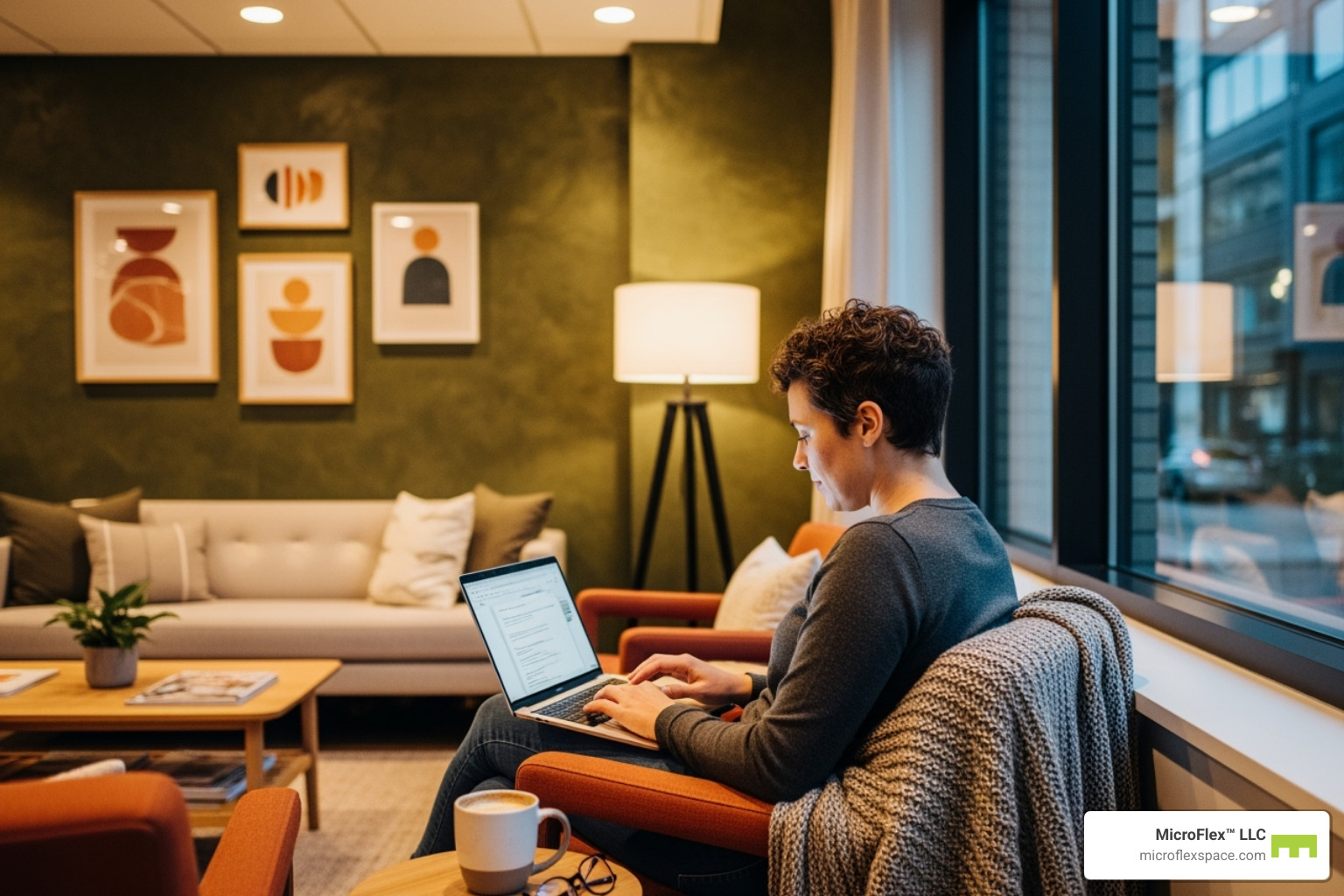 person working in a cozy corner of a MicroFlex™ lounge - free coworking space birmingham person working in a cozy corner of a MicroFlex™ lounge - free coworking space birmingham