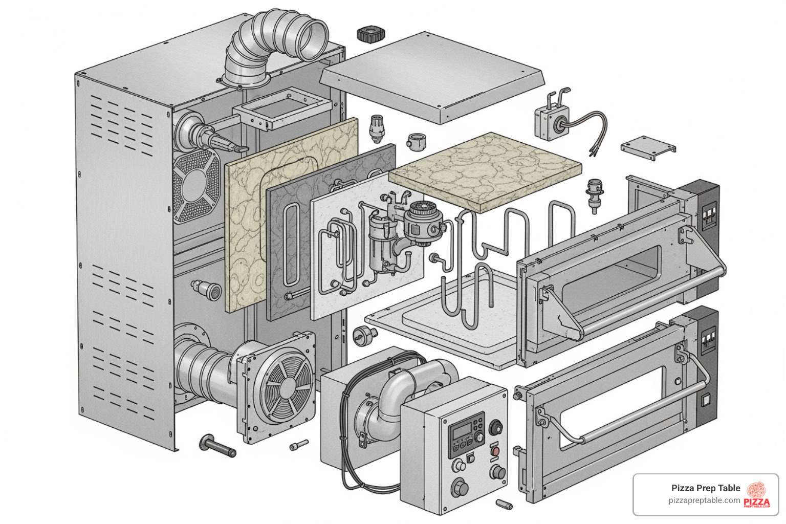 exploded-view diagram of a commercial pizza oven with parts labeled - commercial pizza oven parts