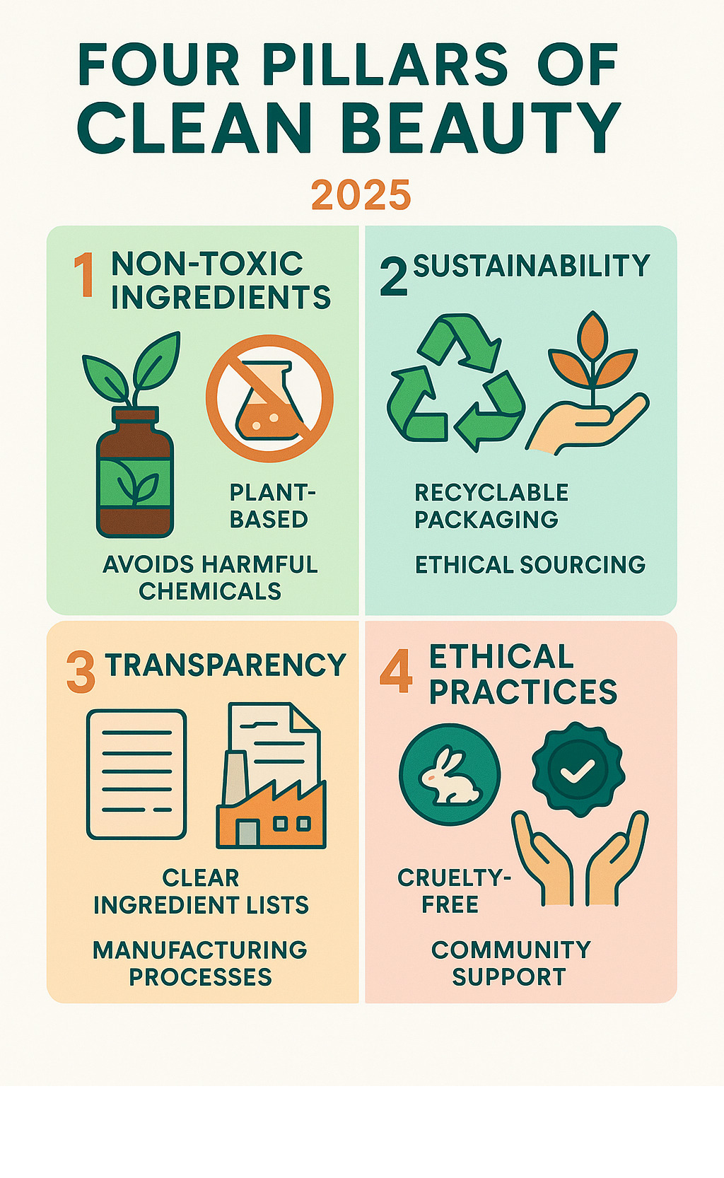 Infographic showing the four key pillars of clean beauty: Non-Toxic Ingredients (featuring plant-based formulations and avoiding harmful chemicals), Sustainability (showing recyclable packaging and ethical sourcing), Transparency (displaying clear ingredient lists and manufacturing processes), and Ethical Practices (highlighting cruelty-free certification and community support) - clean beauty brands infographic 
