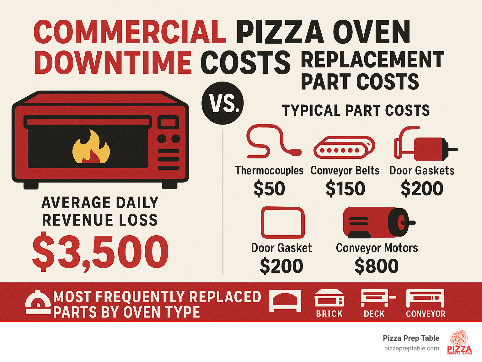 Infographic showing commercial pizza oven downtime costs versus replacement part costs, including average daily revenue loss of $3,500 compared to typical part costs ranging from $50 for thermocouples to $800 for conveyor motors, with breakdown of most frequently replaced parts by oven type - commercial pizza oven parts infographic 