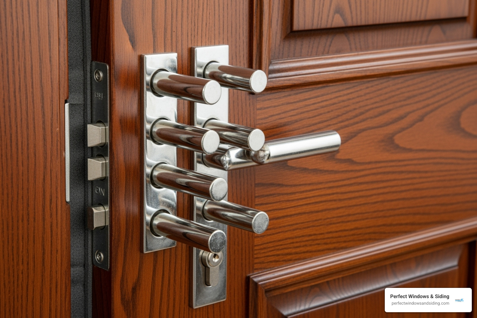 close-up on a door's multi-point locking system and weatherstripping - custom wood double entry doors