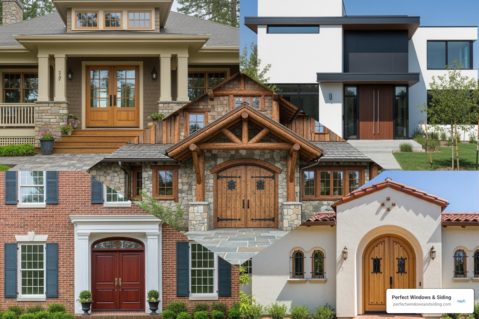 collage of different door styles on various homes - custom wood double entry doors