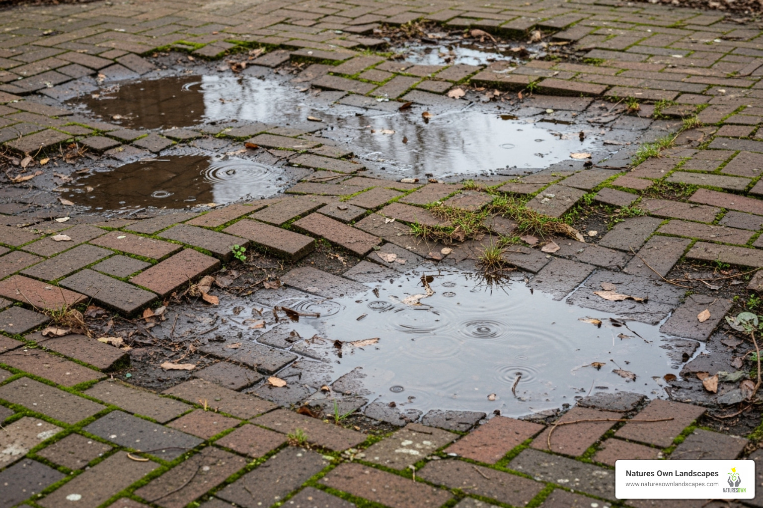 cracked and uneven brick patio with puddles - brick patio drain