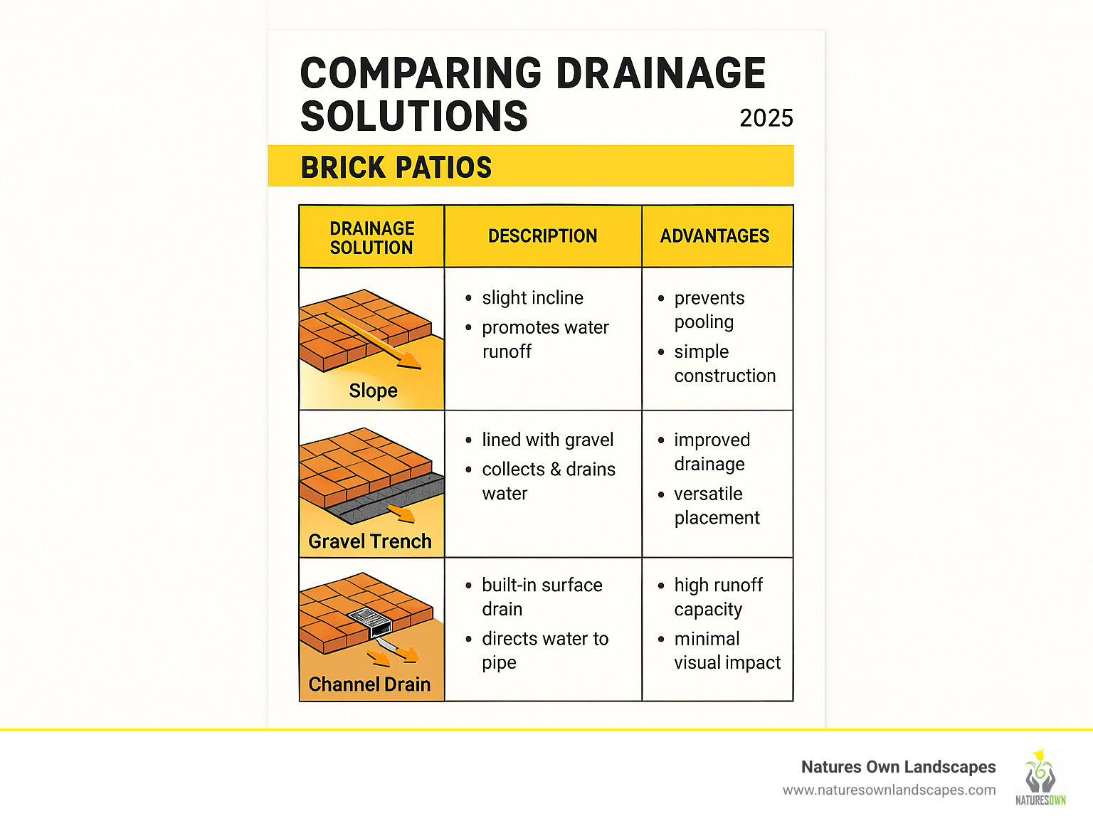 table comparing drainage solutions - brick patio drain infographic 
