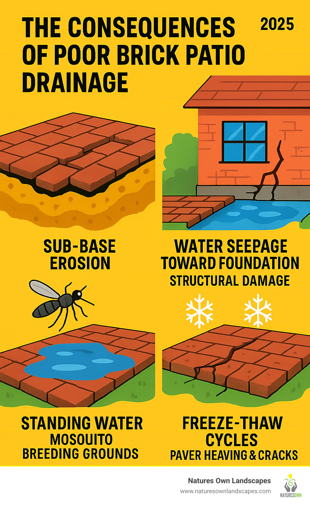 Infographic showing the consequences of poor brick patio drainage including sub-base erosion leading to uneven pavers, water seepage toward home foundation causing structural damage, standing water creating mosquito breeding grounds, and freeze-thaw cycles causing paver heaving and cracks - brick patio drain infographic 