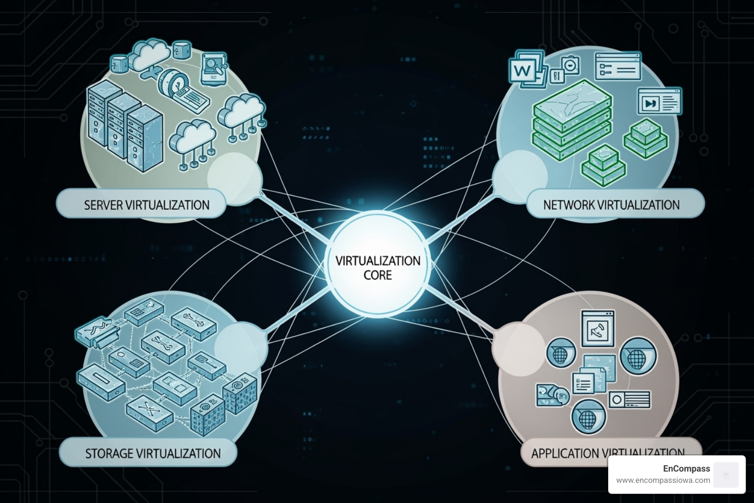 diagram showing different types of virtualization branching from a central point - virtualization services