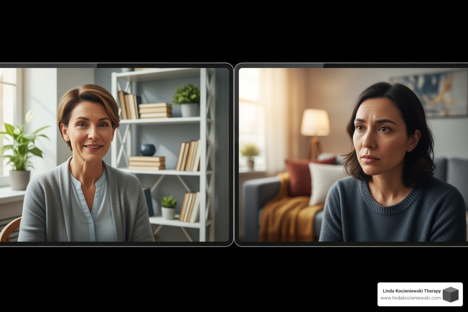 therapist and client on video call - remote trauma therapy
