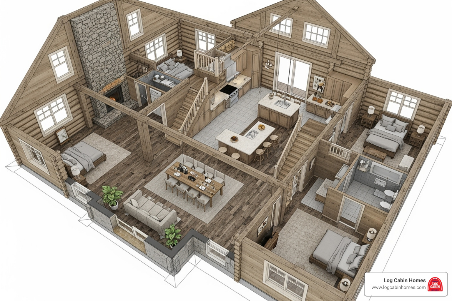 3D log cabin barndominium floor plan rendering - barndominium home floor plans 3D log cabin barndominium floor plan rendering - barndominium home floor plans