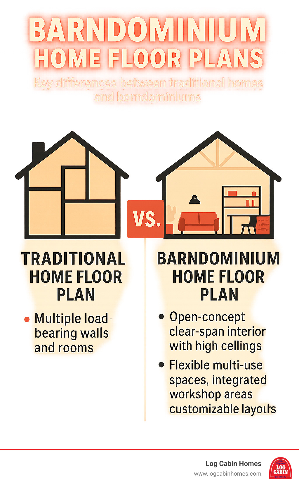 Infographic showing the key differences between traditional home floor plans with multiple load-bearing walls and rooms versus barndominium home floor plans featuring open-concept clear-span interiors with flexible multi-use spaces, high ceilings, integrated workshop areas, and customizable room configurations - barndominium home floor plans infographic Infographic showing the key differences between traditional home floor plans with multiple load-bearing walls and rooms versus barndominium home floor plans featuring open-concept clear-span interiors with flexible multi-use spaces, high ceilings, integrated workshop areas, and customizable room configurations - barndominium home floor plans infographic
