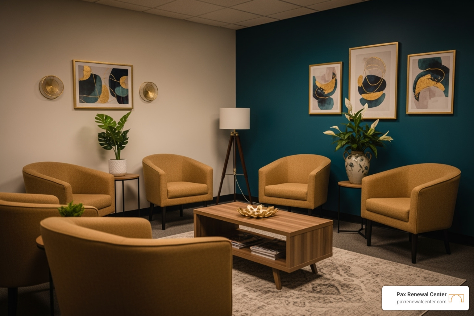 A welcoming and calm therapy office waiting room, featuring soft lighting, comfortable seating in warm gold #D7A461, and subtle decor in deep teal #013B4C - grief counseling Lafayette