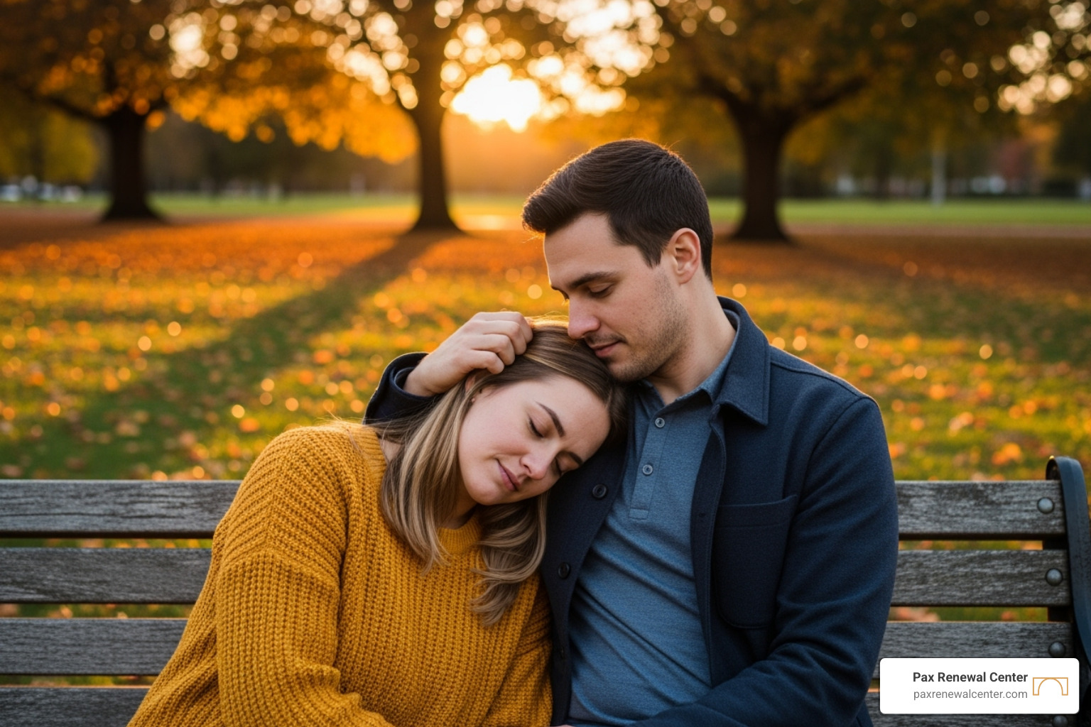 Two people comforting each other on a bench in a serene park, bathed in warm, comforting light - grief counseling Lafayette
