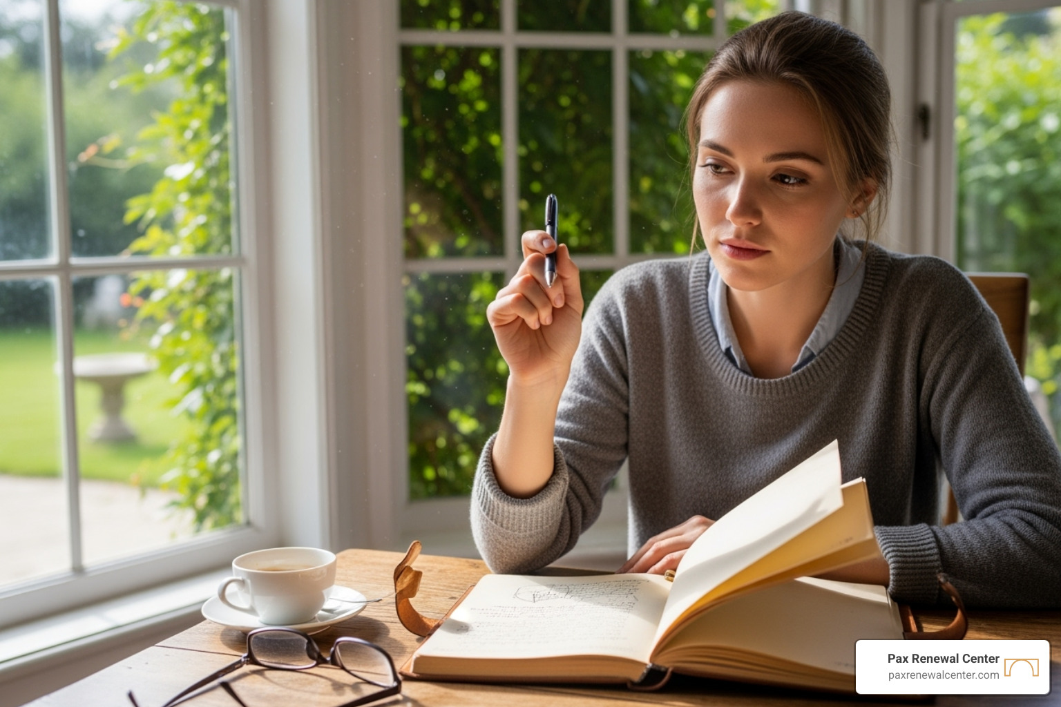 A person journaling reflectively in a peaceful setting, with a pen ready over a notebook - grief counseling Lafayette