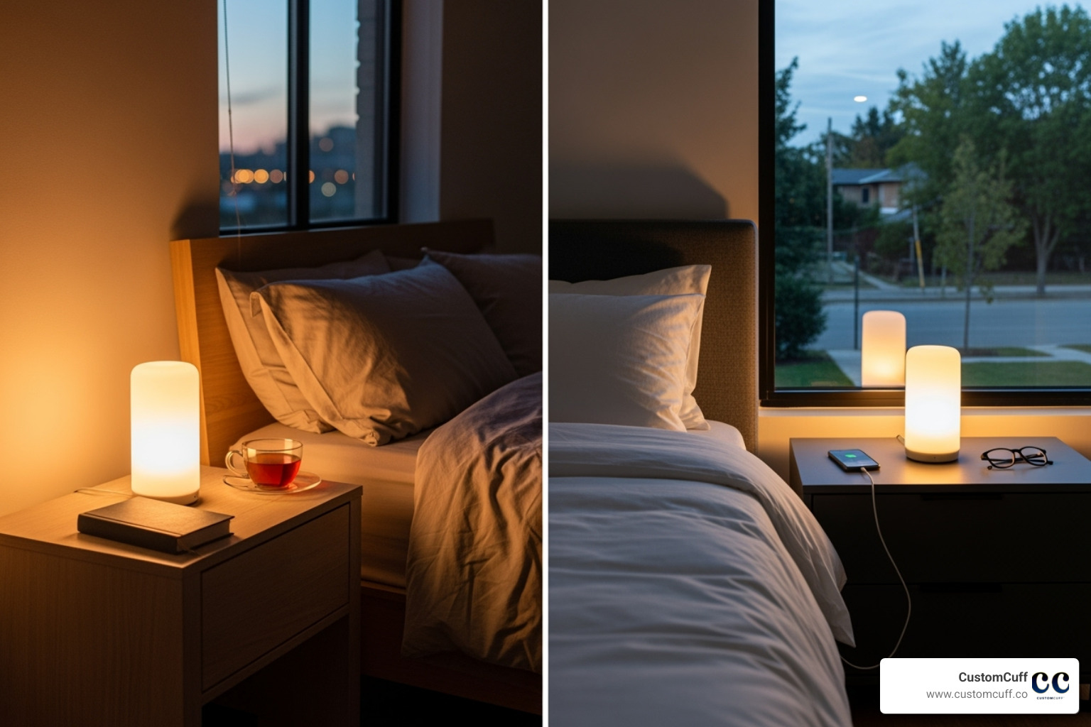 a pair of glowing long-distance touch lamps on two different nightstands. - personalized gifts for long distance relationship a pair of glowing long-distance touch lamps on two different nightstands. - personalized gifts for long distance relationship