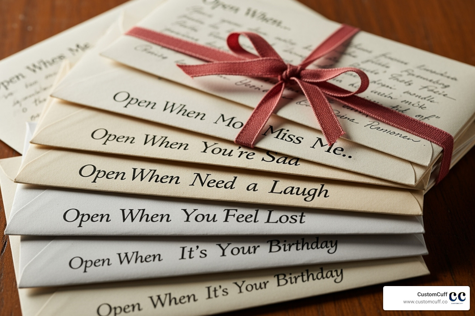 a collection of handwritten "Open When..." letters tied with a ribbon. - personalized gifts for long distance relationship a collection of handwritten "Open When..." letters tied with a ribbon. - personalized gifts for long distance relationship