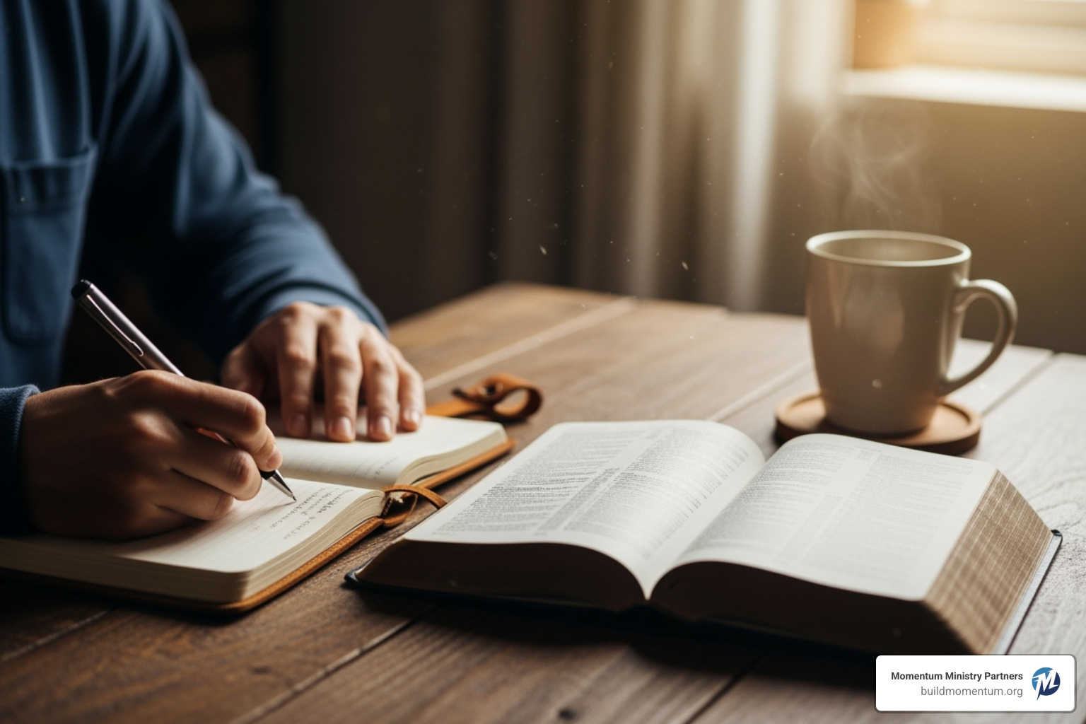 Person journaling with a Bible open, showing intentionality and daily habits - Building Christian character