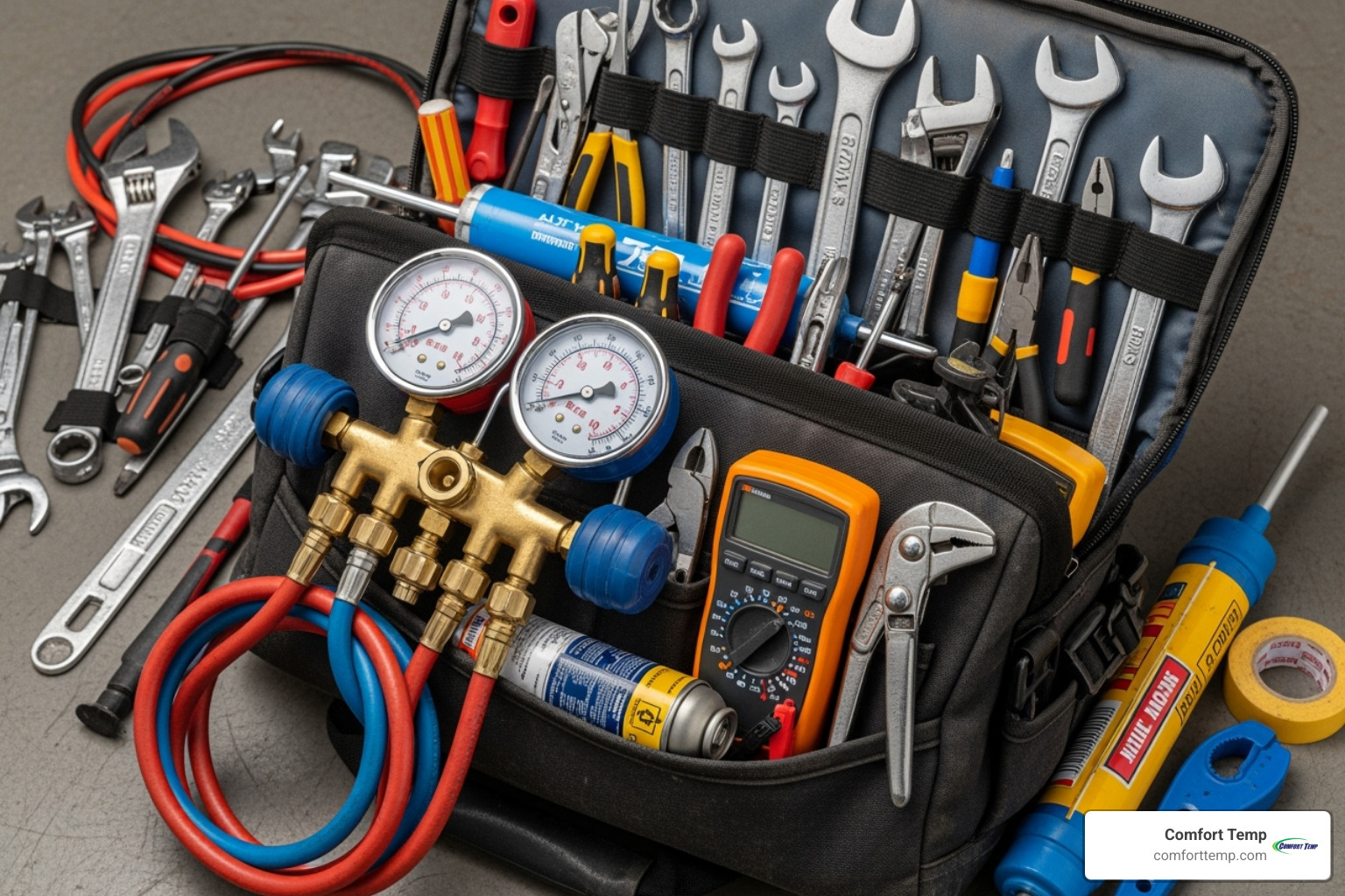 HVAC technician's tool bag with gauges and tools visible - residential ac service HVAC technician's tool bag with gauges and tools visible - residential ac service