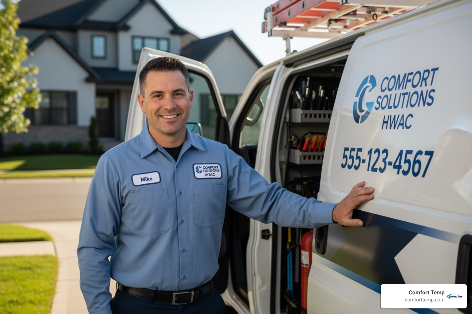 Friendly professional HVAC technician with a company van - residential ac service Friendly professional HVAC technician with a company van - residential ac service