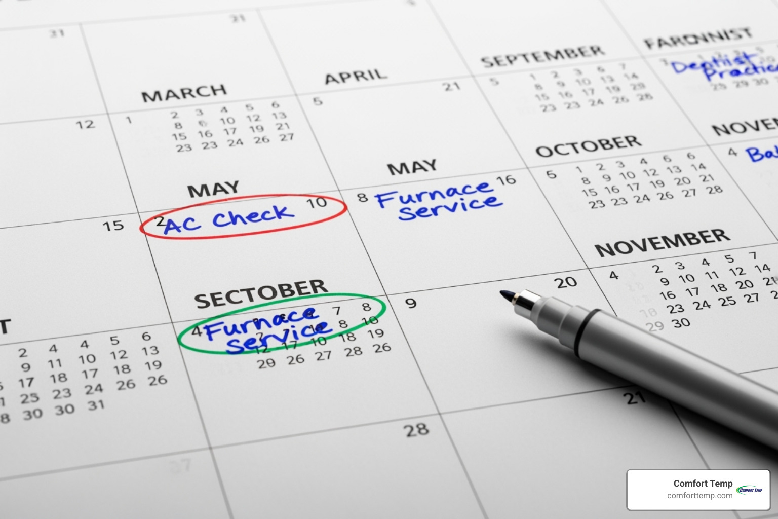 calendar with spring and fall AC service appointments circled - residential ac service calendar with spring and fall AC service appointments circled - residential ac service