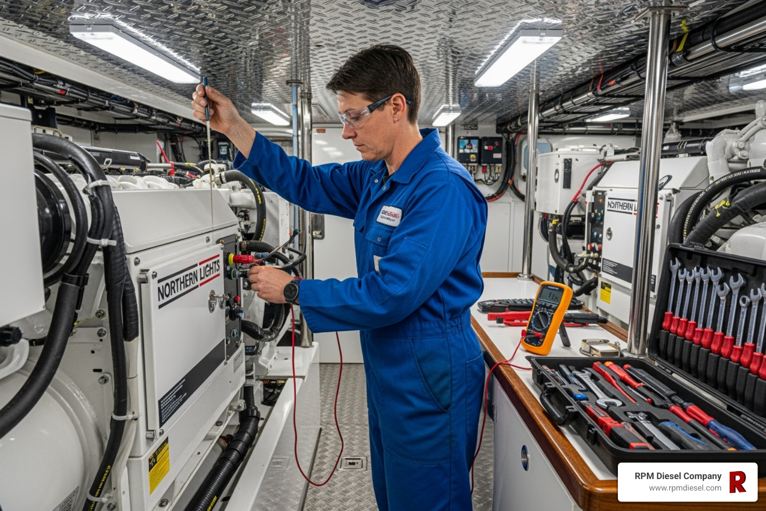 Marine mechanic diligently servicing a Northern Lights generator on a yacht, checking fluid levels and connections - northern lights lugger generator parts