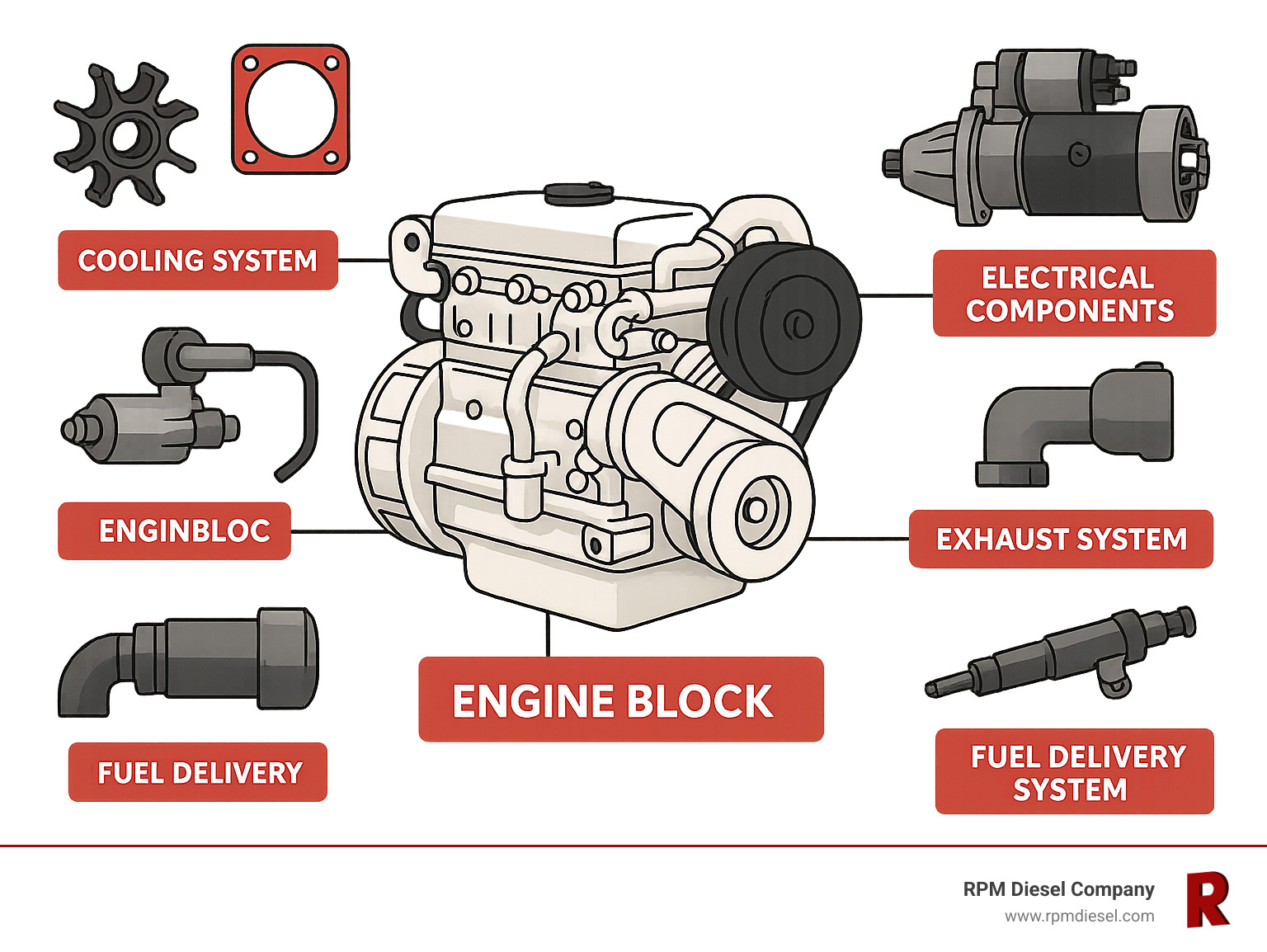 Comprehensive breakdown of Northern Lights Lugger generator components including engine block, cooling system, electrical components, exhaust system, and fuel delivery system with part numbers and replacement intervals - northern lights lugger generator parts infographic 