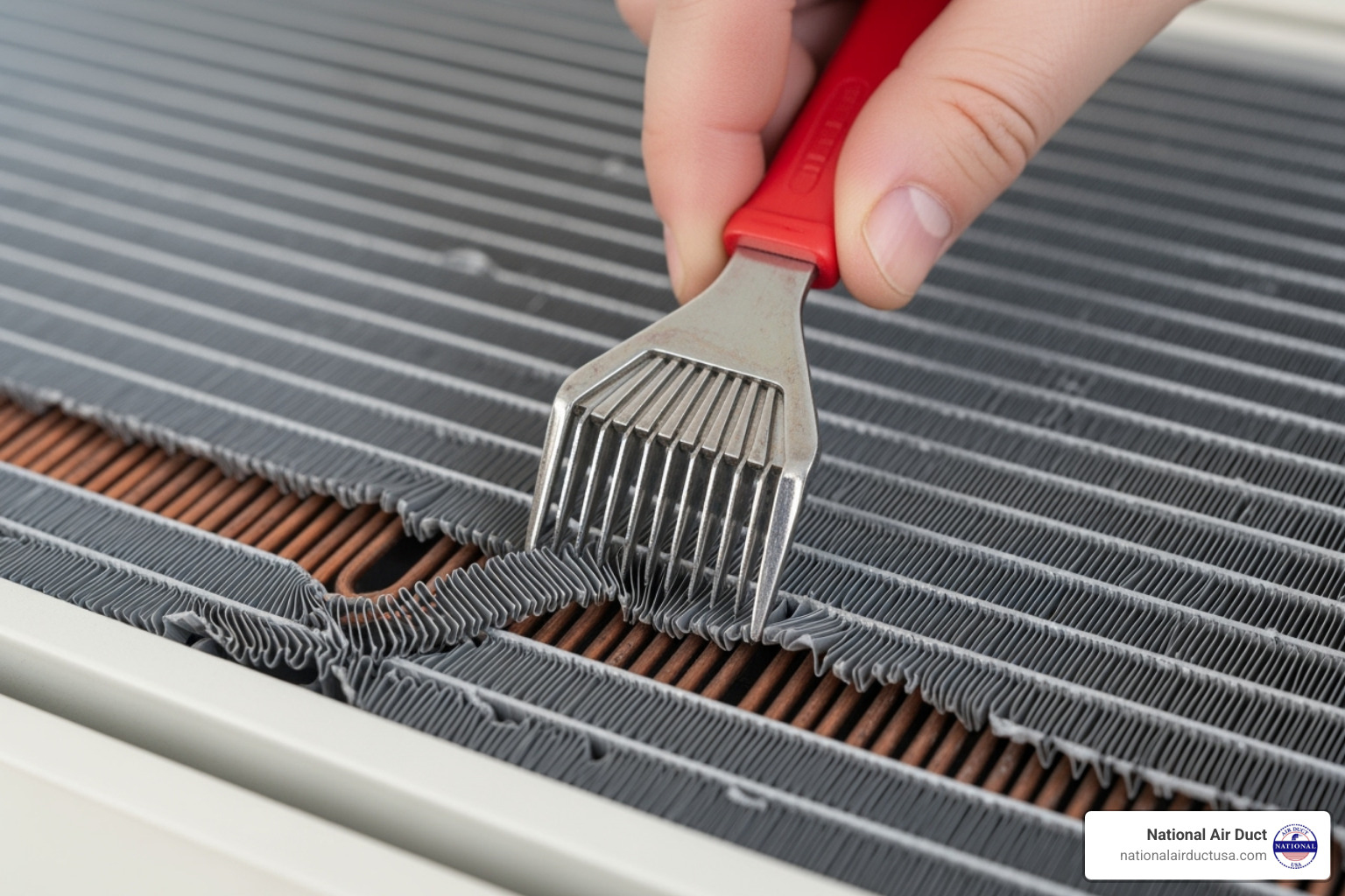 fin comb being used to gently straighten bent coil fins - how to clean window unit air conditioner coils