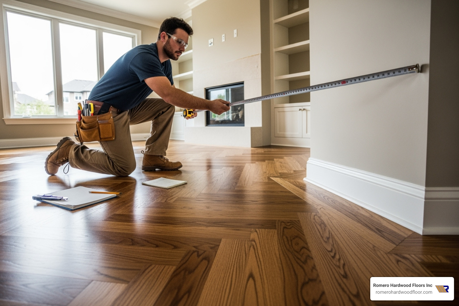 flooring contractor measuring a complex room layout - installation cost to install mirage engineered pre-finished lock hardwood floor