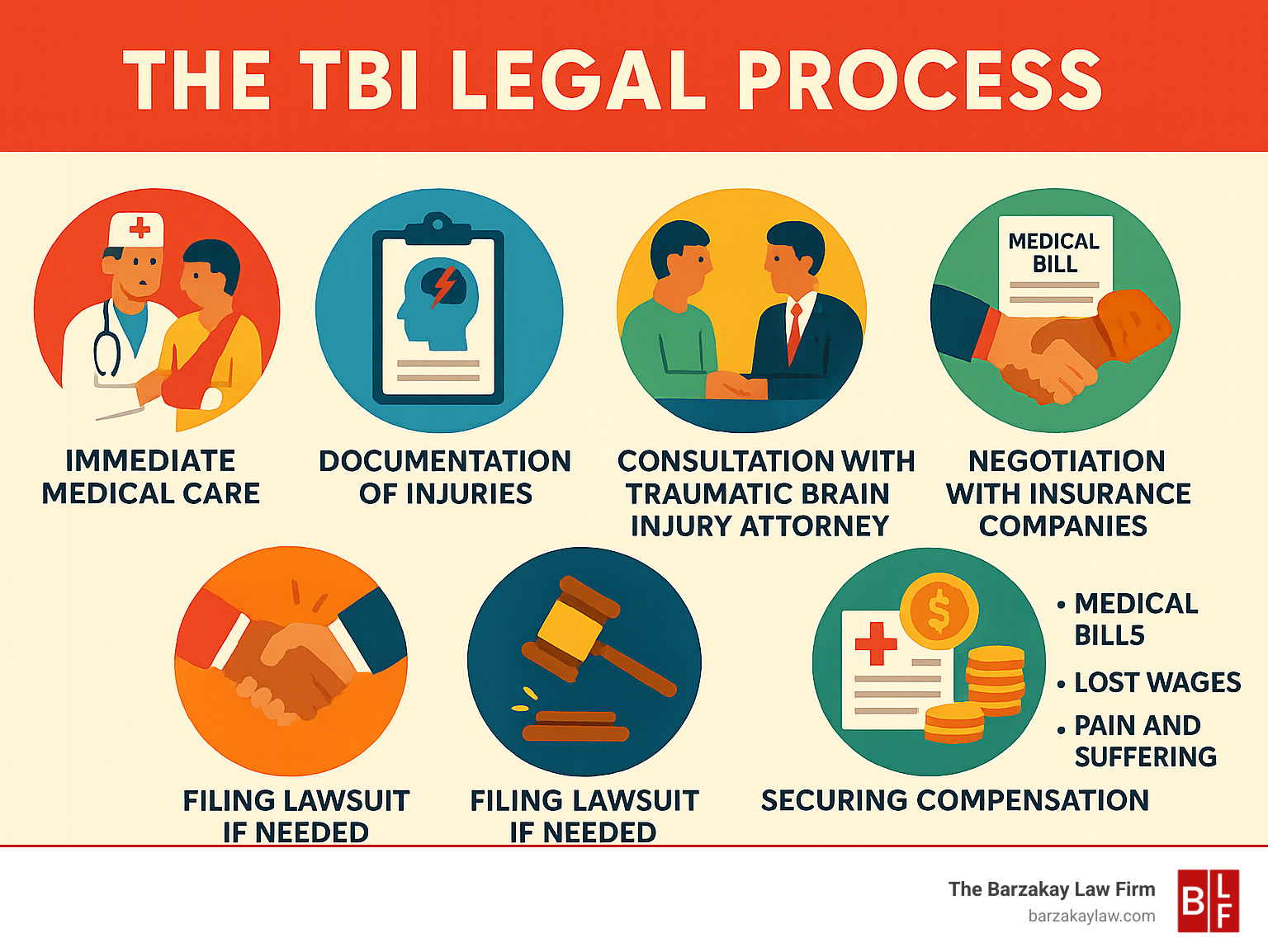 Infographic showing the TBI legal process: immediate medical care, documentation of injuries, consultation with traumatic brain injury attorney, case investigation and evidence gathering, negotiation with insurance companies, filing lawsuit if needed, and securing compensation for medical bills, lost wages, and pain and suffering - traumatic brain injury attorney infographic 