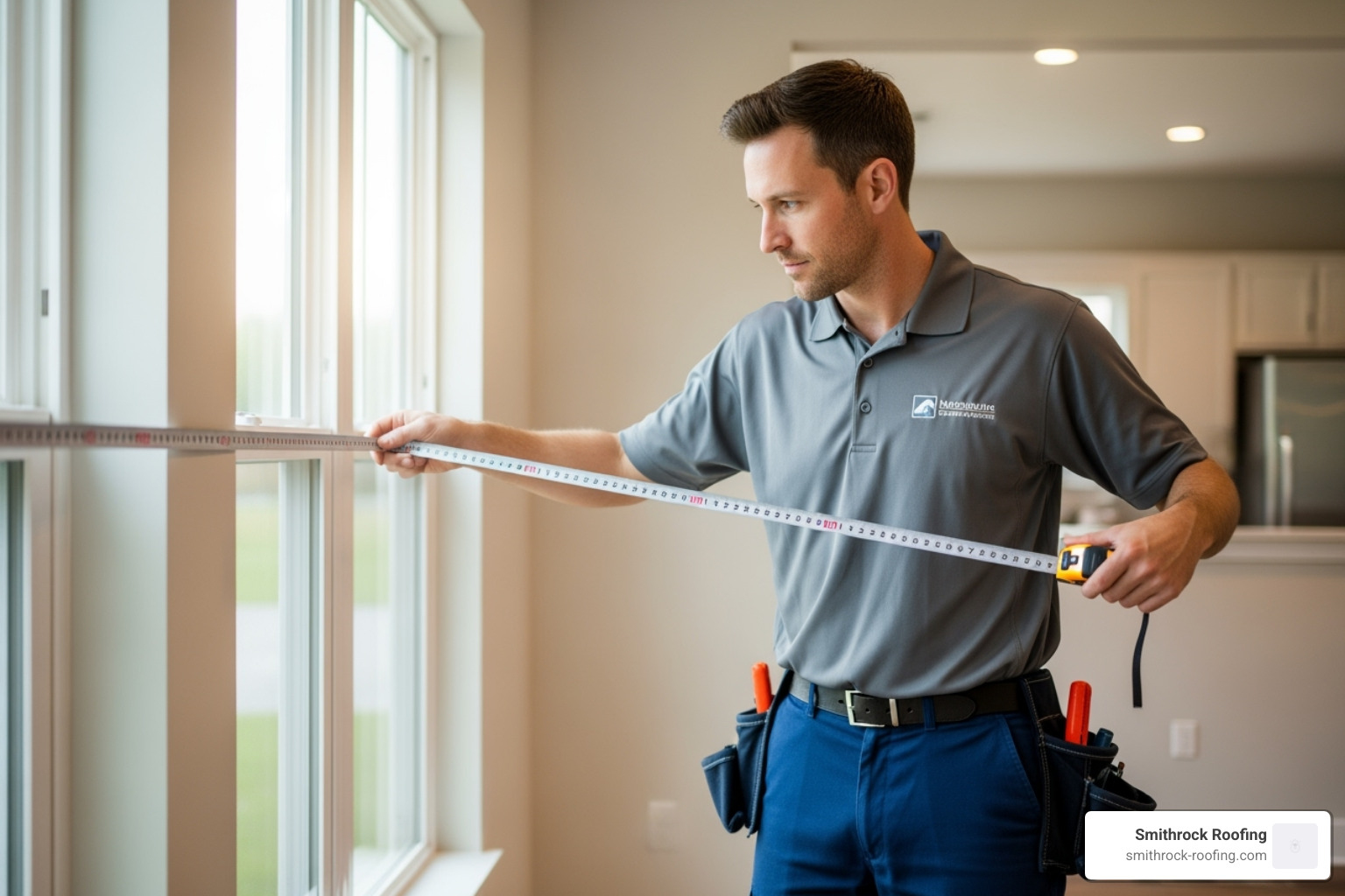 professional technician carefully measuring a window frame - window glass replacement winston salem