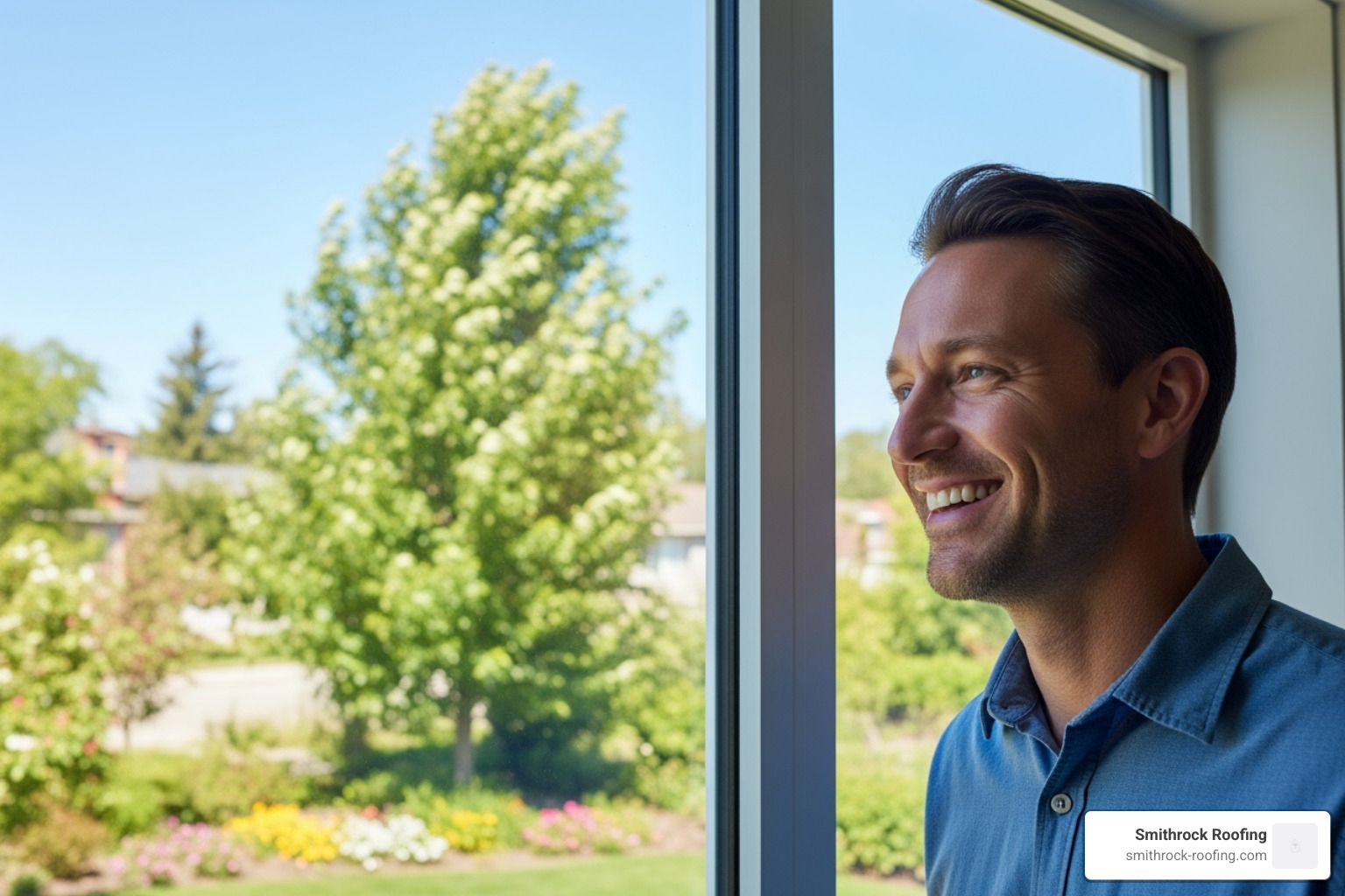 Happy homeowner looking out of a newly installed, clear window with a smile - window glass replacement winston salem