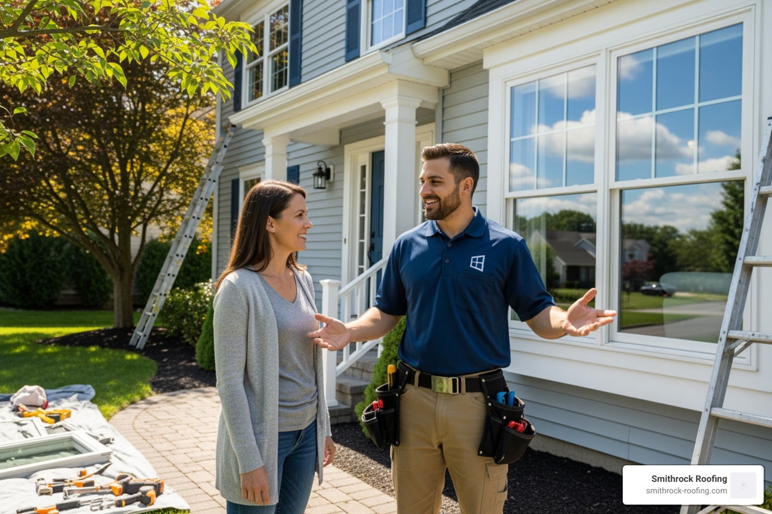 friendly, uniformed window installer talking with a homeowner - window glass replacement winston salem