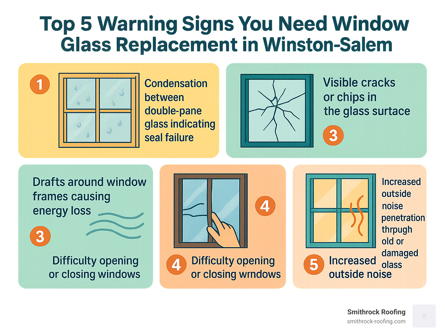 Comprehensive infographic showing the top 5 warning signs that indicate your Winston-Salem home needs window glass replacement: 1) Condensation between double-pane glass indicating seal failure, 2) Visible cracks or chips in the glass surface, 3) Drafts around window frames causing energy loss, 4) Difficulty opening or closing windows due to warped frames, 5) Increased outside noise penetration through old or damaged glass - window glass replacement winston salem infographic 