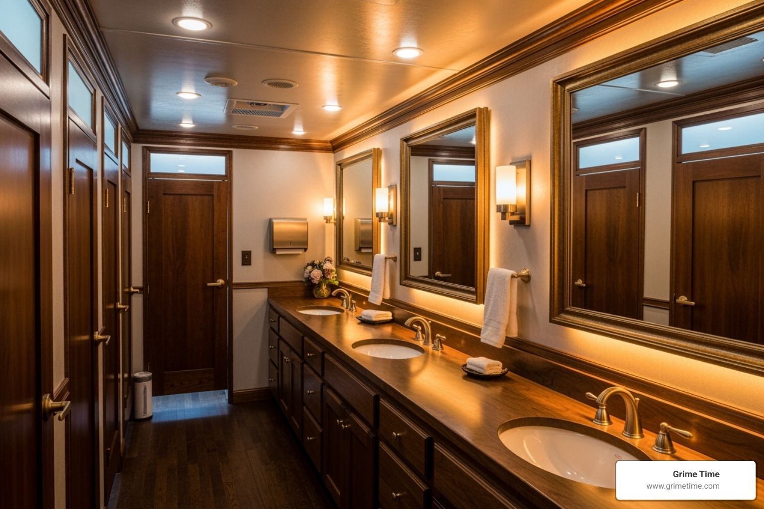 Interior of a luxury restroom trailer with multiple stalls, neat vanities, and ambient lighting. - portable restroom rental