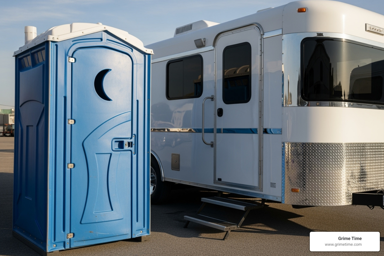 A standard blue porta potty next to a sleek, modern luxury restroom trailer, showcasing the range of portable restroom rental options. - portable restroom rental