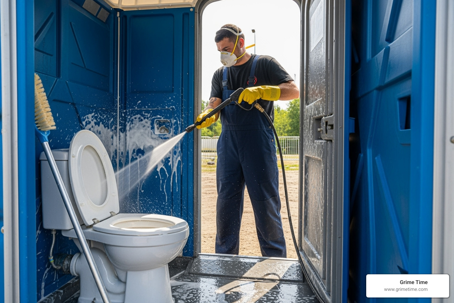 A service technician wearing gloves and a mask, cleaning the interior of a portable toilet with a hose and cleaning solution. - portable restroom rental