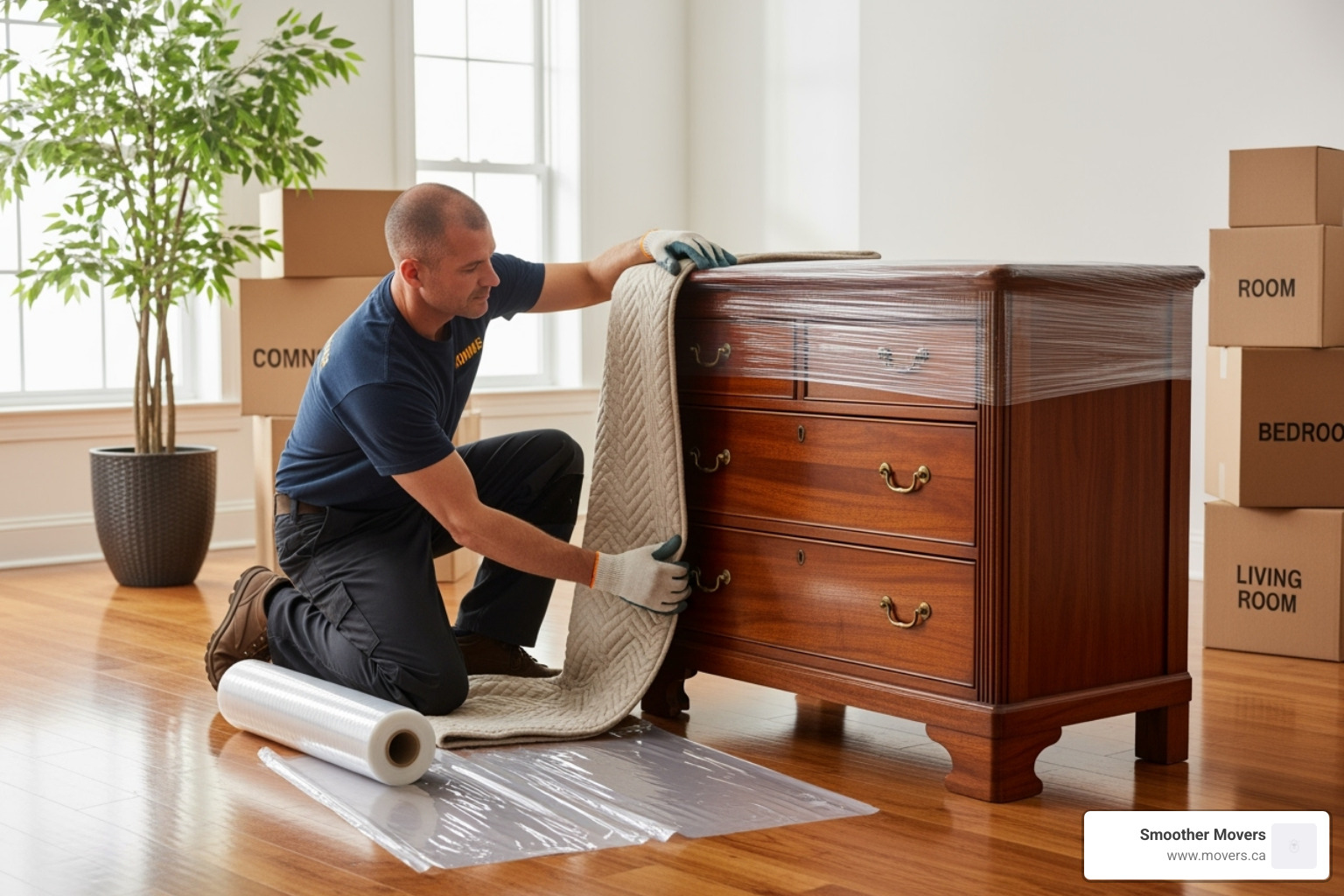 Smoother Movers professional wrapping a piece of furniture - small movers vancouver bc