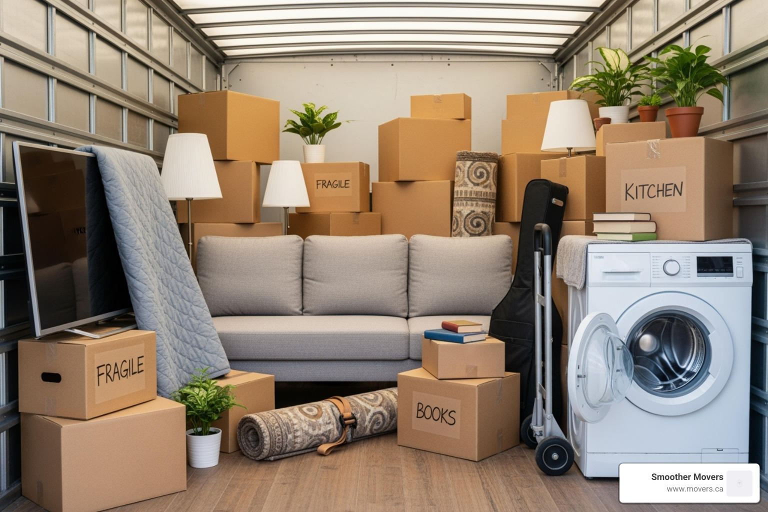variety of items that constitute a small move (a couch, a few boxes, a large TV, an appliance) - small movers vancouver bc