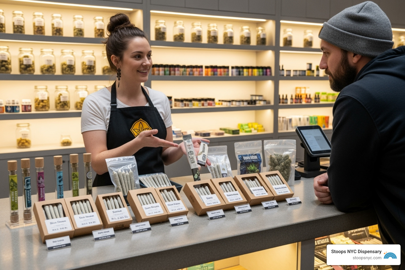 A budtender helping a customer choose pre-rolls at a dispensary counter - pre-rolls NYC