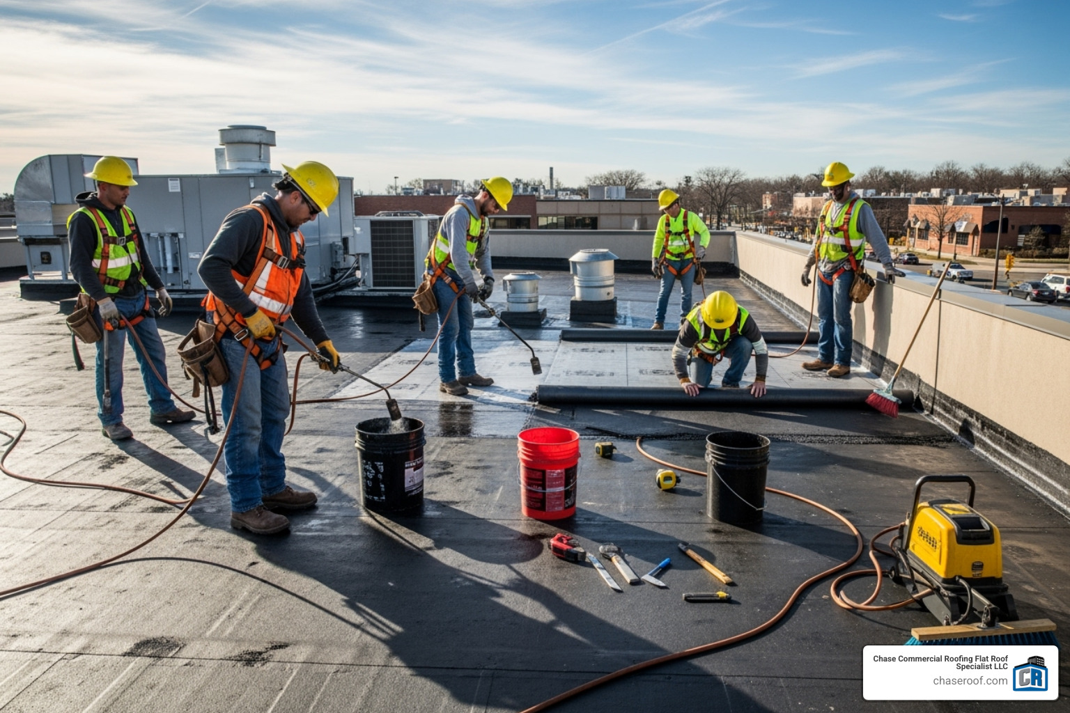 Roofing crew working safely on commercial roof - commercial roof repair East Rutherford