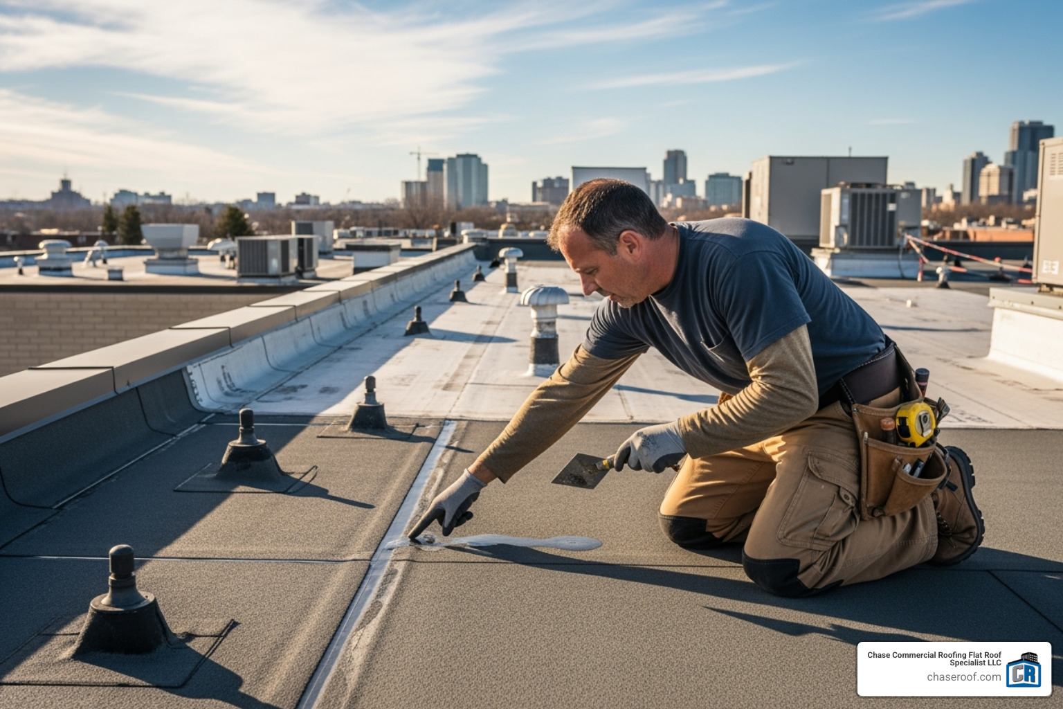 roofer inspecting commercial flat roof - commercial roof repair East Rutherford