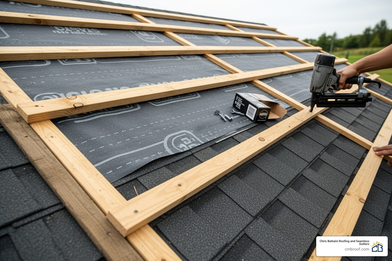 furring strips being installed over an old shingle roof - installing metal roof over shingles on shed