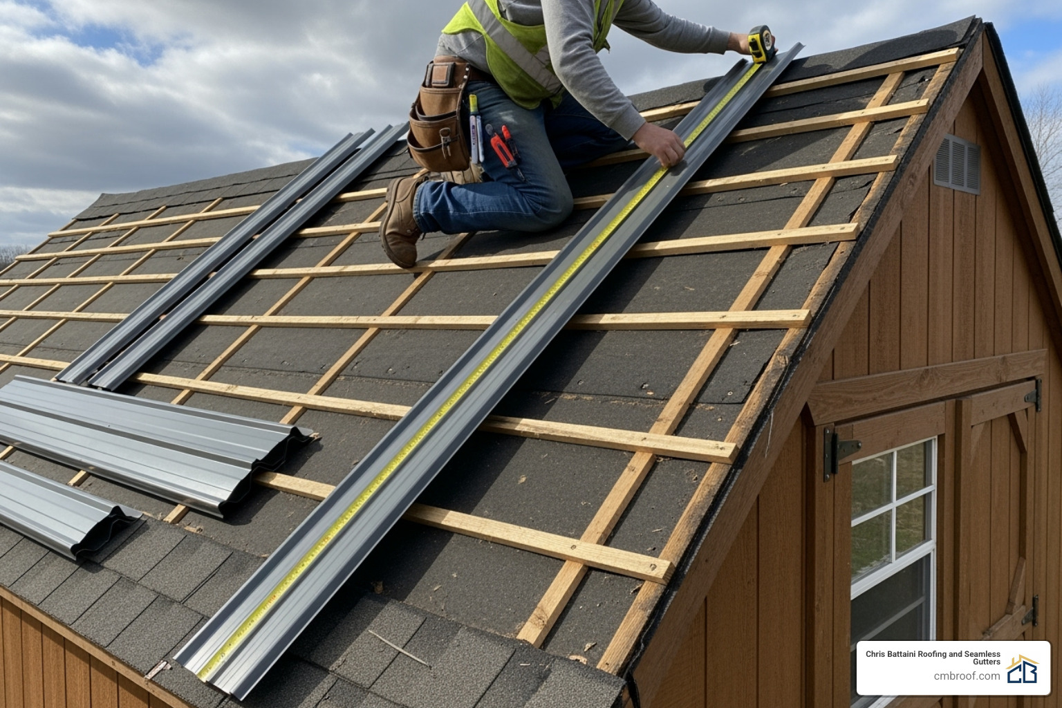 metal panels being laid out and measured on the roof - installing metal roof over shingles on shed
