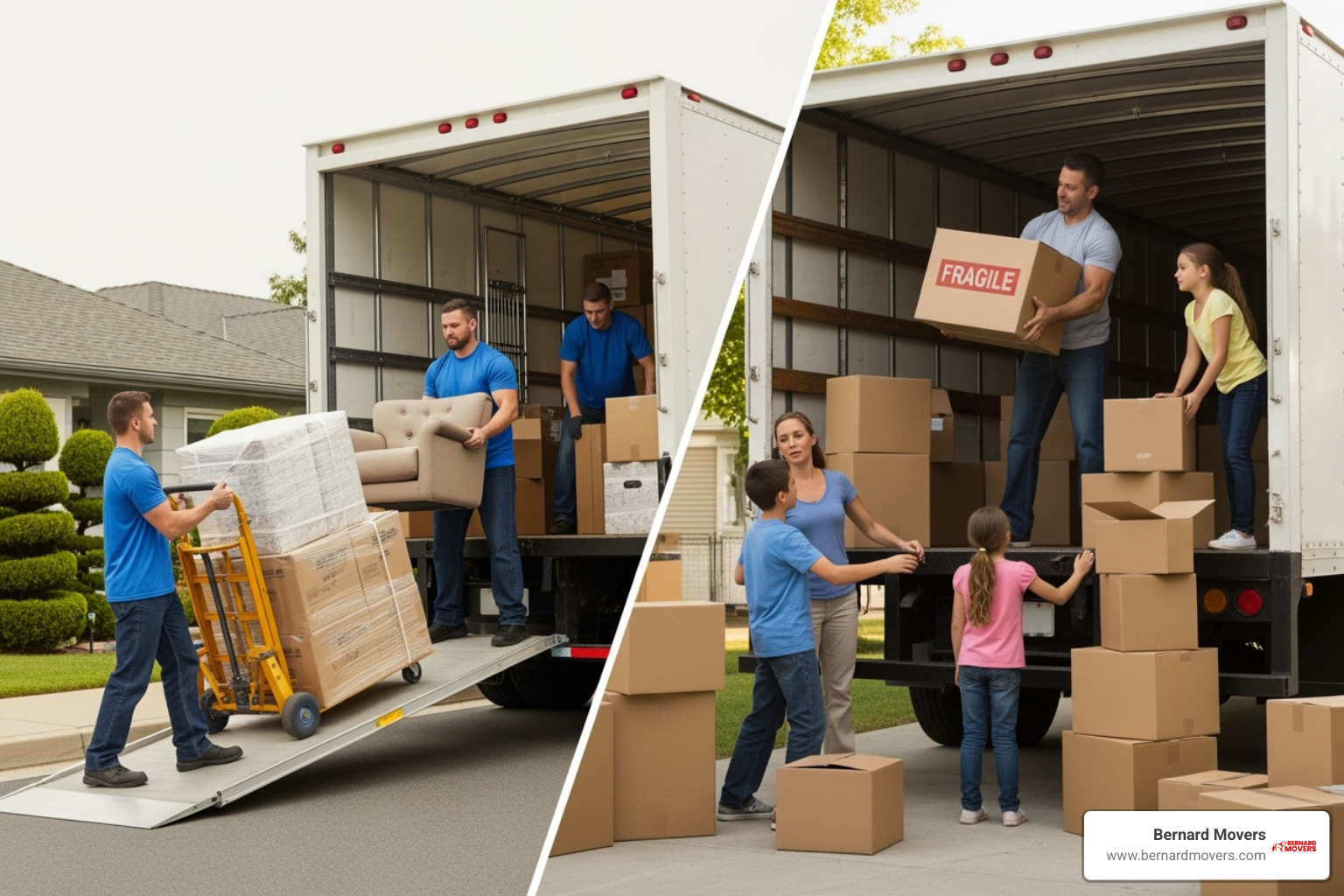 showing a split screen of professional movers loading a truck vs. a family loading a rental truck - affordable interstate movers