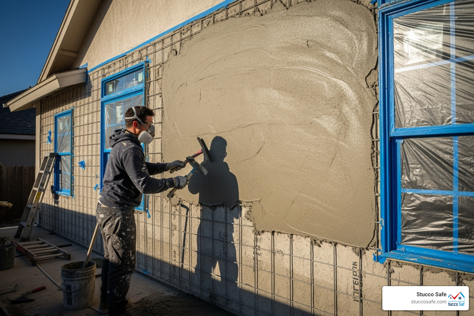 contractor applying base coat of stucco - how much does it cost to stucco a house
