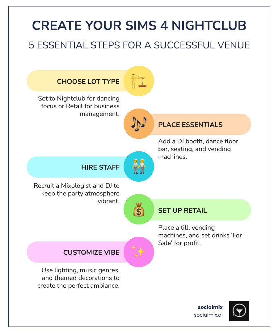Infographic showing the 5 essential steps to create a successful Sims 4 nightclub: 1) Select nightclub or retail lot type, 2) Place core items like DJ booth and dance floor, 3) Hire mixologist and DJ staff, 4) Set up retail system with till and vending machines, 5) Customize atmosphere with lighting and music - sims 4 night club infographic infographic-line-5-steps-colors