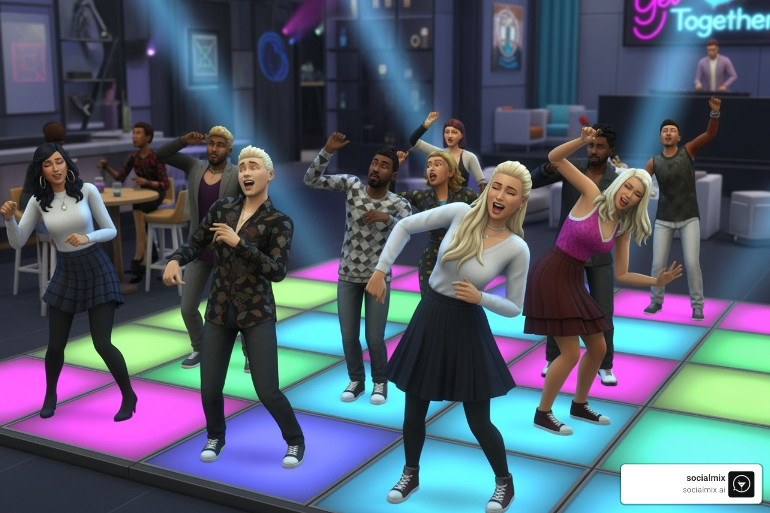 group of Sims dancing together on a light-up dance floor from the Get Together pack - sims 4 night club