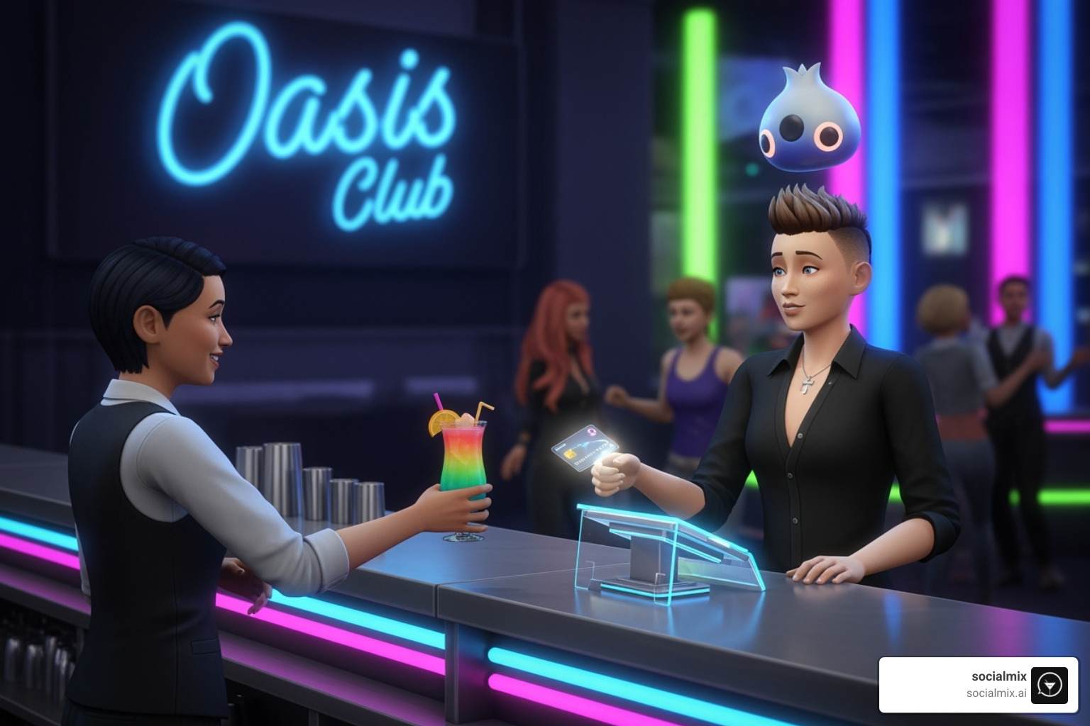 Sim paying for a drink at a retail counter inside a vibrant nightclub - sims 4 night club