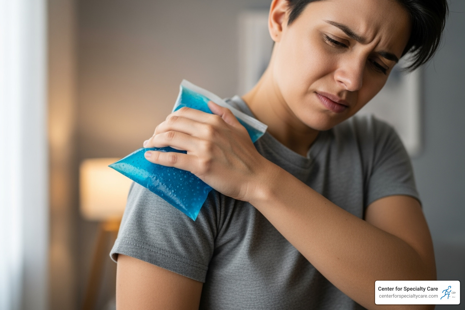 Person applying an ice pack to their shoulder - shoulder feels out of place but not dislocated
