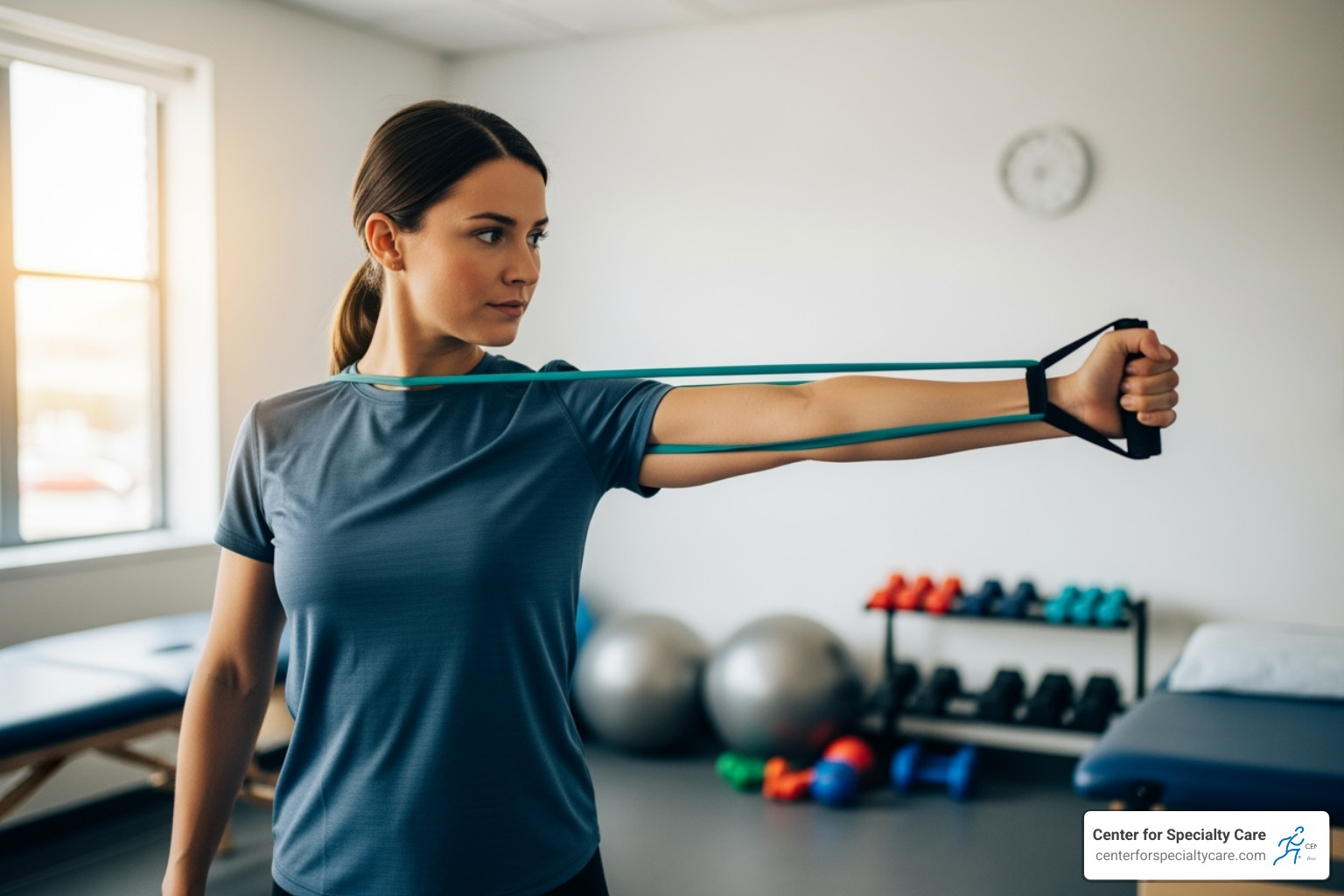 Patient doing a shoulder strengthening exercise with a resistance band - shoulder feels out of place but not dislocated