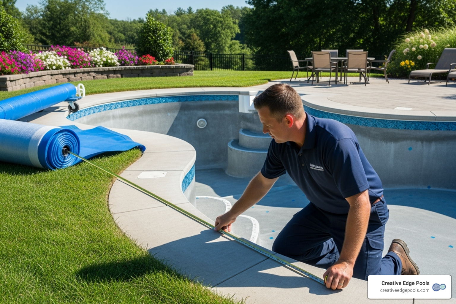 professional measuring a custom-shaped pool for a new liner - average price for pool liner installation